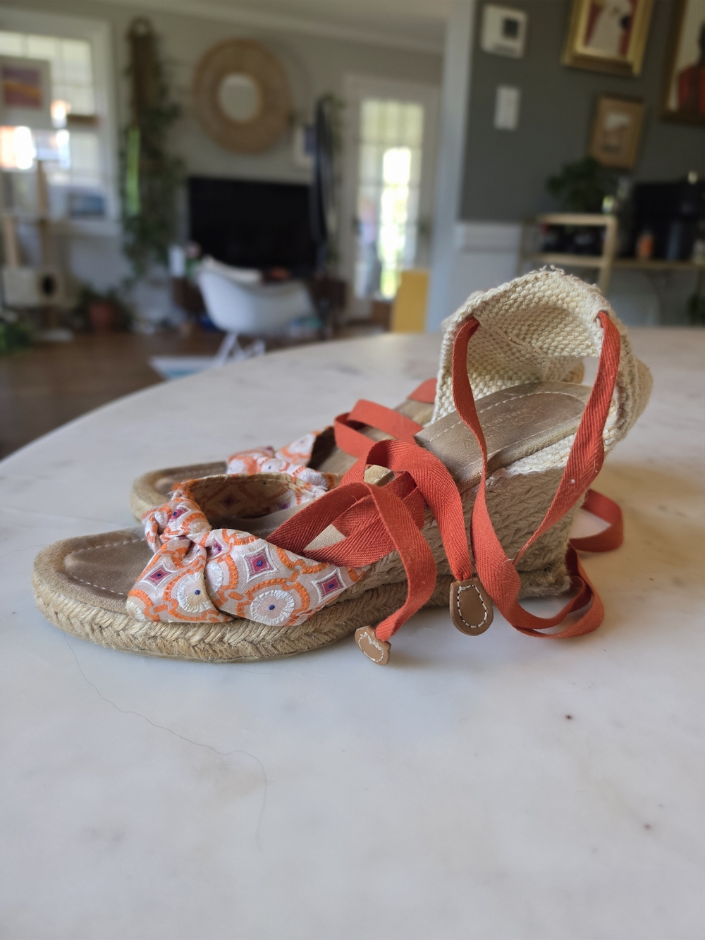 J. Crew Orange Patterned Espadrille Wedge Sandals w/ Orange Tie Straps Size 7.5